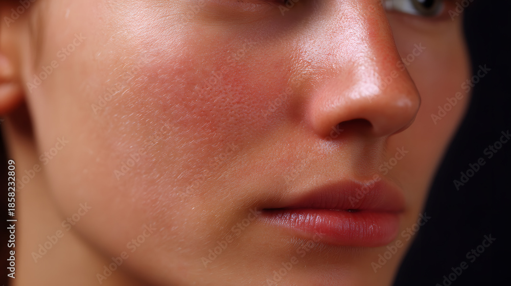 Naklejka premium Serene Contemplation: Captivating close-up of a human face exhibiting subtle signs of introspective thought. Emphasizing the nuanced interplay of light and shadow, highlighting delicate skin features.