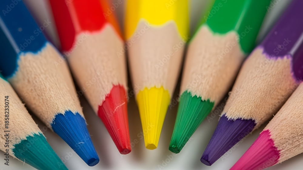 Fototapeta premium A vibrant spectrum of sharpened colored pencils arranged in a close-up artistic display