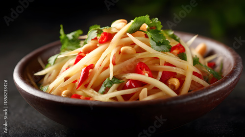 Papaya Salad Appetizer: A vibrantly colored Papaya Salad, arranged in a rustic bowl, bursts with the fresh flavors of raw papaya, chili peppers, peanuts, and herbs.