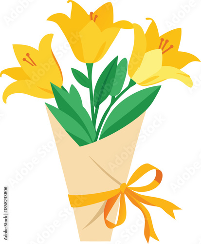 A bouquet of Watercolor yellow lily flowers wrapped in gift paper.eps