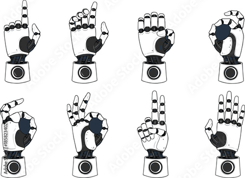 Robotic hand gesture vector set showing futuristic robot arm signs technology communication and artificial intelligence concepts