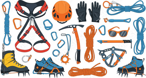 Rock climbing equipment vector set with harness helmet rope carabiners shoes gloves and safety gear