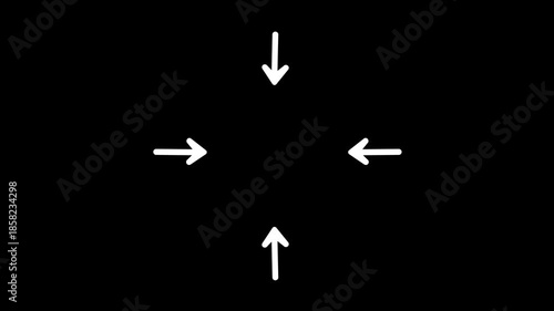 Animation of four white hand-drawn arrows pointing inward to a central focus point on a black background ideal for highlighting content and call-to-actions.
