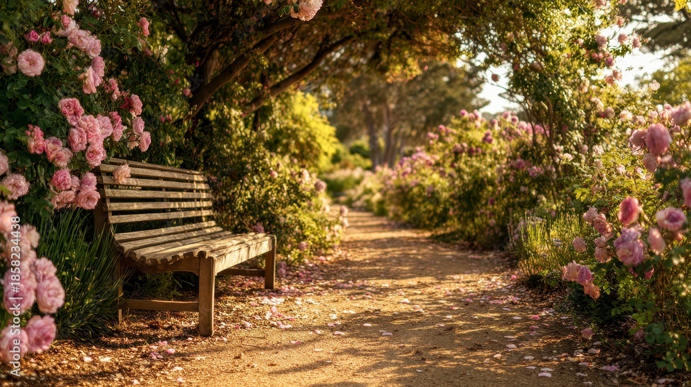 Fototapeta premium A tranquil garden scene with a wooden bench overlooking a path lined with blooming pink roses, bathed in warm sunlight