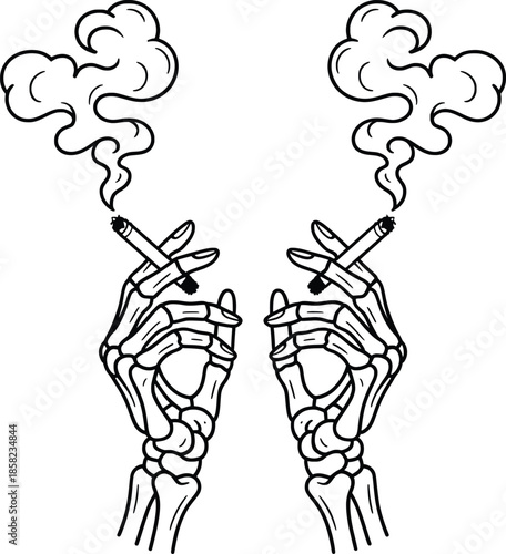 Skeleton Hand Smoking Cigarette Line Art Illustration.