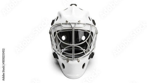 White hockey goalie mask with metal cage front view | Hockey, sports, game, equipment.
