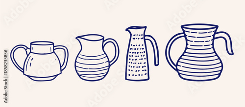 Coffee Pots Hand Drawn Vector Illustration Set. Sketch Doodles Ink Tea and Coffee Drinks Elements. Simple Hand Drawn Collection for Menus Design, Poster, Kitchen, Invitation