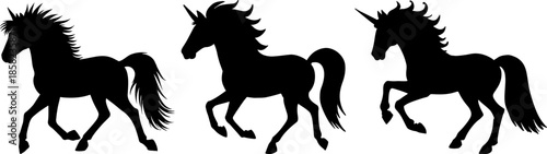 Unicorn Silhouettes Set. Vector Black Silhouette on White Background of Unicorn Running. Magic Animal for Logo. Abstract and Minimalist Design.