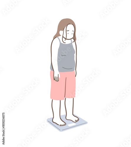 体重計に乗るぽっちゃり体型の女性のイラスト素材