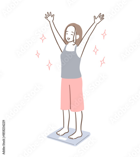 体重計に乗って喜ぶスリムな女性のイラスト素材