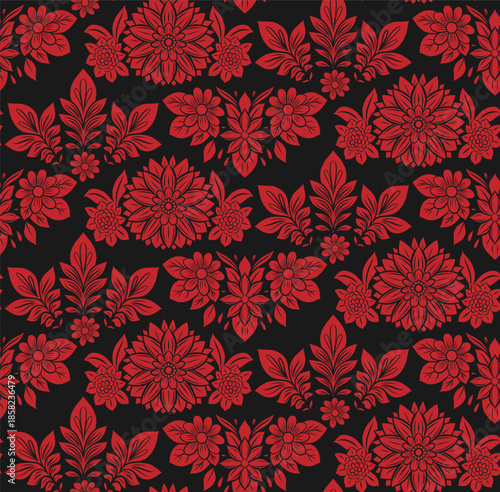 Vector gloomy seamless pattern with decorative red flowers and leaves on black background. Tracery floral ornament