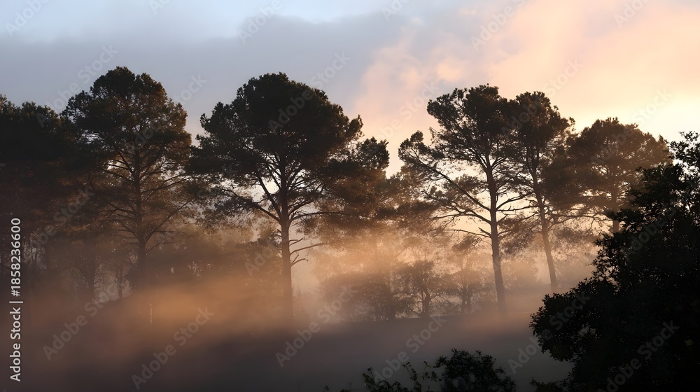 Naklejka premium Golden mist swirls through silhouetted trees at dawn creating a serene and atmospheric natural landscape