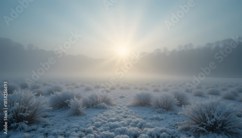 Serene winter landscape with frosty bushes and sunrise