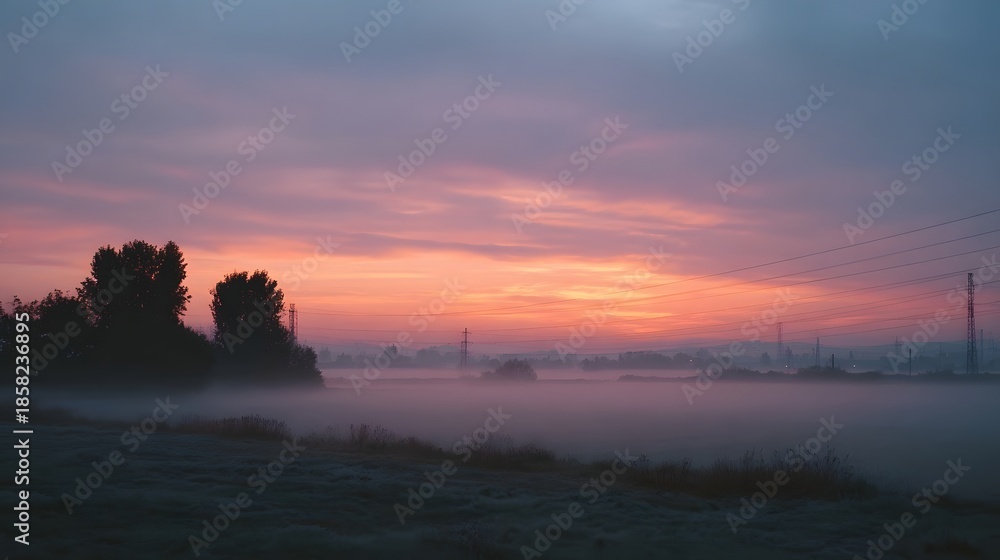Naklejka premium Atmospheric dawn landscape shrouded in fog with silhouetted industrial towers against a soft sunrise sky