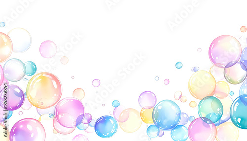 Pastel-colored, transparent bubbles of various sizes float against a black background