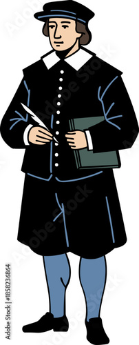 Early Modern Businessman Holding Book and Quill Isolated on White Background