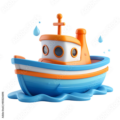 Cartoonish blue, orange and white boat sails on water with drops around it