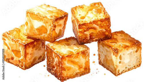 Watercolor rendering of golden-brown, crispy fried cubes, stacked on top of each other