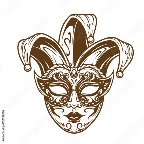 Vintage Beautiful brown Venetian jester carnival mask with decorative swirls and curls on face isolated on white background