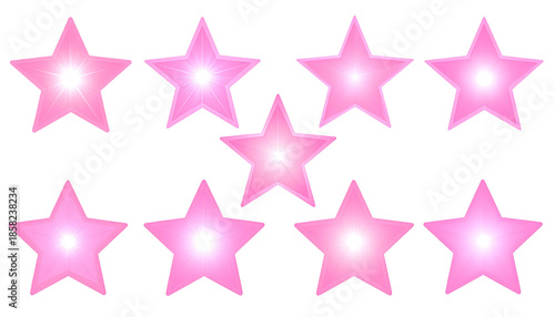 A collection of ten luminous, five-pointed stars, shimmering with shades of pink on black