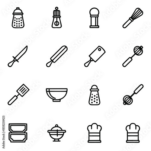 A collection of kitchen utensil icons are displayed in a grid on a white background.
