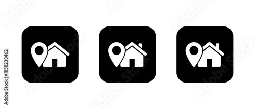 Home location icon set in black square. Home address symbol. Real estate with map pin sign