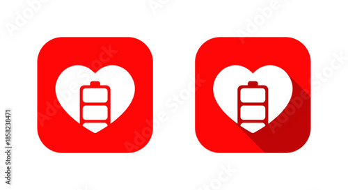 Heart battery icon with long shadow. Love power, life energy symbol in red square