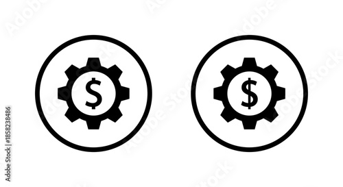 Dollar money gear icon in circular outline. Financial settings, cost management, and business system symbol.