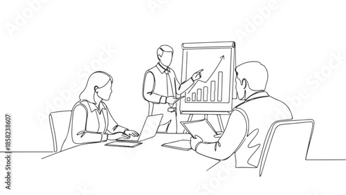 Continuous one line art vector illustration of business professionals in a meeting discussing financial charts