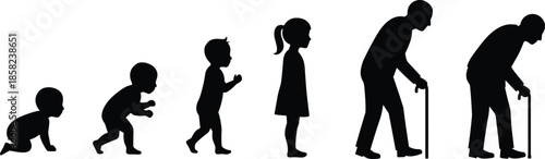 Human life stages silhouette illustration, baby to elderly, aging concept, timeline of growth, development from childhood to old age visual