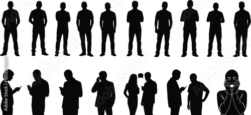 Male and female silhouette collection, standing, using phones, talking, surprised expression, isolated vector set for communication and business themes