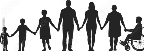 Inclusive family generation silhouette holding hands, showing unity, diversity, disability inclusion, support, and togetherness across all ages in black and white illustration.