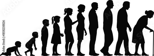 Human life stages silhouette illustration, baby crawling to elderly old woman with cane, growth development from childhood to adulthood and aging