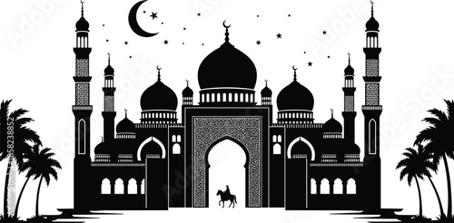 Islamic mosque silhouette with crescent moon and stars, palm trees, Arabian architecture, night sky, spiritual scene, Muslim culture, faith, devotion