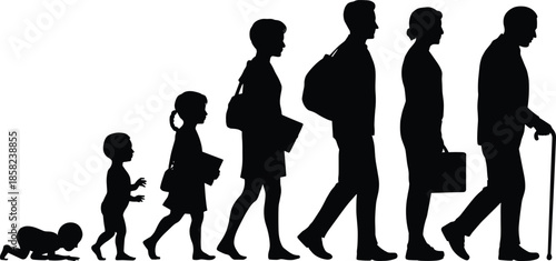 Human life cycle evolution stages silhouette illustration, crawling baby to elderly old man, growing child student teenager adult worker senior aging