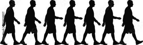 Human walking motion silhouette sequence, six phases, long sleeves and sneakers, flat vector, isolated, cad drawing
