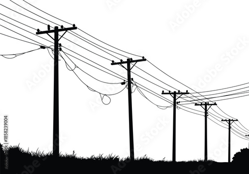 Minimalist vector illustration of multiple telephone poles with electric wires, black silhouette artwork, communication concept, connection lines, modern design, landscape art.