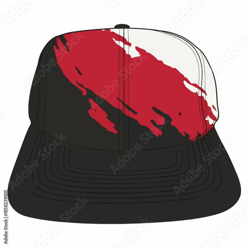 Abstract baseball cap vector with red, black, and white paint splash design, modern streetwear headwear illustration isolated on white background.