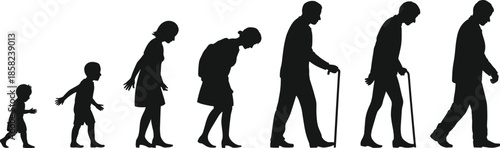 Human life stages progression, from baby to old age, silhouette evolution, aging process, growth timeline, health and wellness, life journey, vector illustration concept.