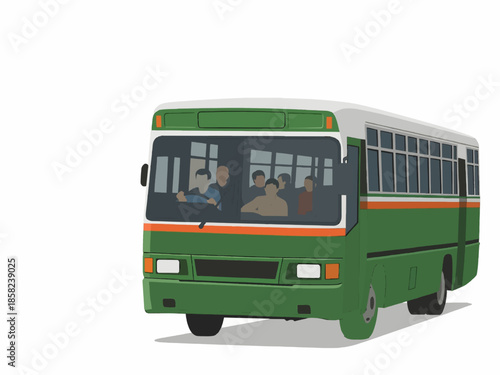 Flat design vector illustration of a green public bus carrying passengers, isolated on a white background with shadow