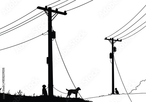Minimalist vector illustration of dogs tied to telephone poles, connection and distance concept, black silhouette artwork, modern design, loneliness, communication.