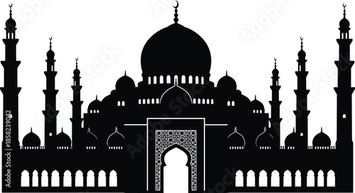 Islamic mosque silhouette vector, Arabic architecture with dome and minaret, religious building clipart, Ramadan Eid theme, worship place design