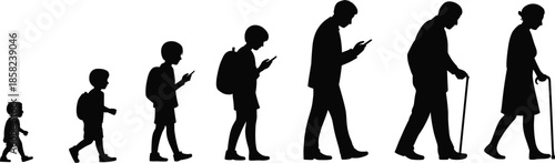 Human life evolution with mobile phone, childhood to old age, technology addiction concept, people timeline silhouette, digital lifestyle illustration