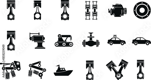 Industrial machinery icons set, piston engine parts, car silhouettes, robotic arms, valve components, mechanical equipment, automotive symbols, factory technology icons, engineeringIndustrial