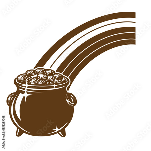 Vintage brown cauldron filled with gold coins under a rainbow  symbol of good luck and wealth