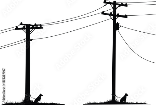 Minimalist vector illustration of two dogs tied to telephone poles, black silhouette, communication concept, loneliness, simple artwork, modern design, vector art.