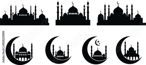 Islamic mosque silhouette vector set, crescent moon mosque design, Eid Mubarak symbol, Ramadan mosque illustration, Muslim architecture clipart