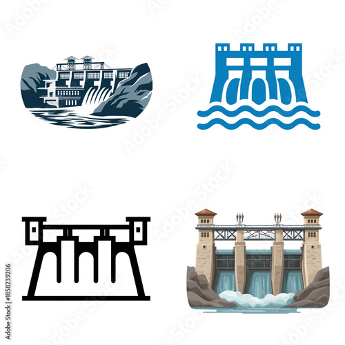 Set of four dam illustrations depicting water flow and hydroelectric power generation