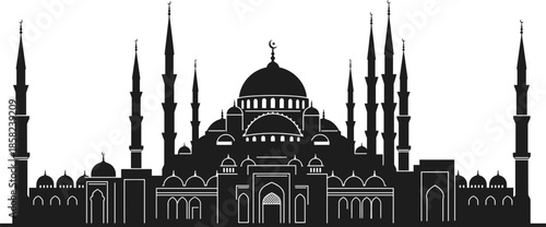 Islamic mosque silhouette, black white vector, Ottoman architecture, minarets and domes, Muslim holy place, traditional worship, religious skyline art