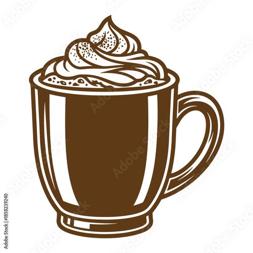 Vintage Brown coffee cup with whipped cream on top isolated on transparent background